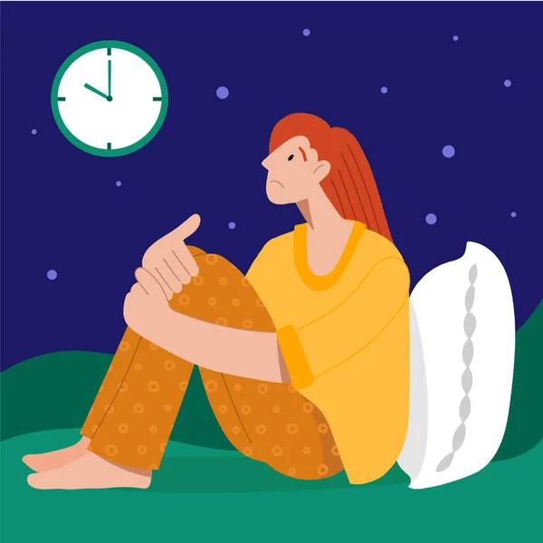 Insomnia. The woman cannot sleep. Female character suffers from insomnia. Sleep disorder, sleeplessness concept. — Stock Vector