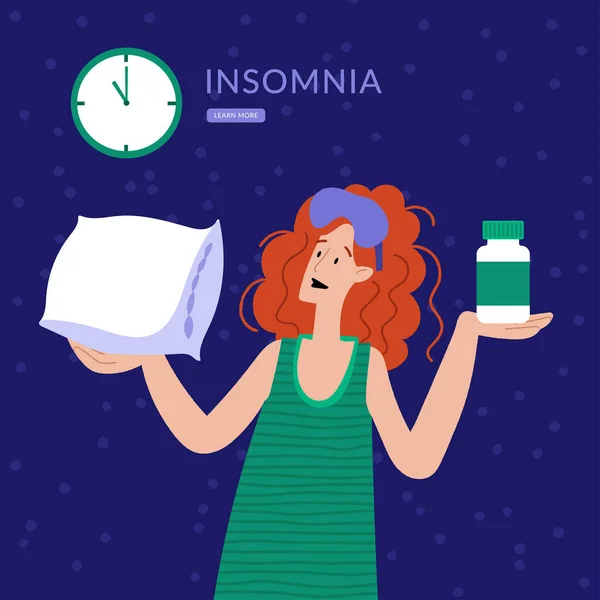 Insomnie. Femeia nu poate dormi. Personajul feminin suferă de insomnie. Tulburări de somn, concept de insomnie . — Vector de stoc
