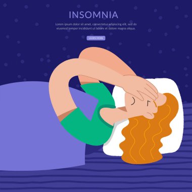 Uykusuzluk. Kadın uyuyamıyor. Kadın karakter uykusuzluktan muzdarip. Uyku bozukluğu, uykusuzluk konsepti.