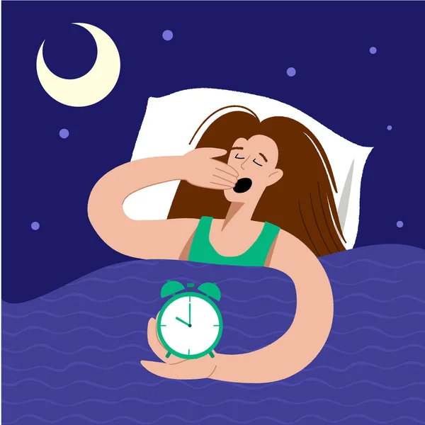 Sömnlöshet. Kvinnan kan inte sova. Kvinnlig karaktär lider av sömnlöshet. Sömnstörningar, sömnlöshet. — Stock vektor