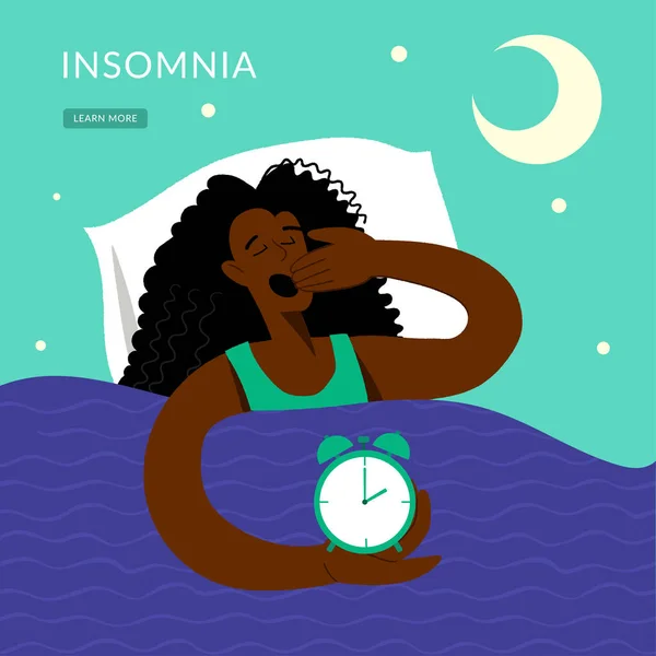 Insomnio. Una mujer negra no puede dormir. El personaje femenino sufre de insomnio. Trastorno del sueño, concepto de insomnio. Vectores de stock libres de derechos
