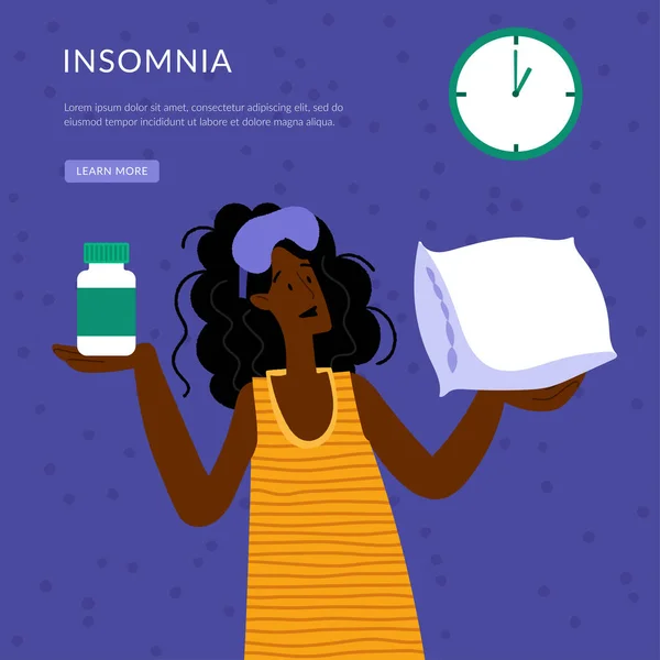 Insomnio. Una mujer negra no puede dormir. El personaje femenino sufre de insomnio. Trastorno del sueño, concepto de insomnio. — Archivo Imágenes Vectoriales