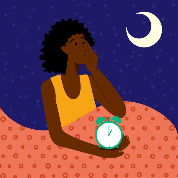 Insomnio. Una mujer negra no puede dormir. El personaje femenino sufre de insomnio. Trastorno del sueño, concepto de insomnio. — Vector de stock