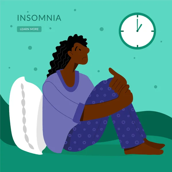 Insomnia. A black woman cannot sleep. Female character suffers from insomnia. Sleep disorder, sleeplessness concept. — Stock Vector