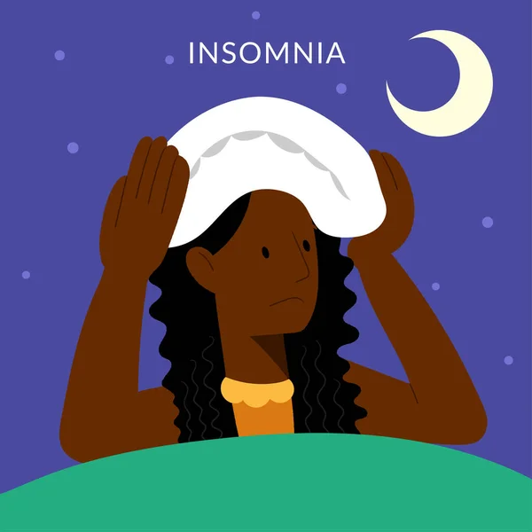 Insomnie. O femeie de culoare nu poate dormi. Personajul feminin suferă de insomnie. Tulburări de somn, concept de insomnie . — Vector de stoc