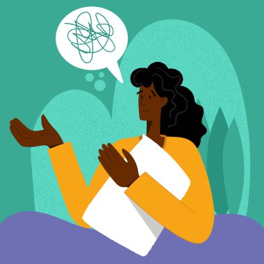 Uykusuzluk. Siyah bir kadın uyuyamaz. Kadın karakter uykusuzluktan muzdarip. Uyku bozukluğu, uykusuzluk konsepti.