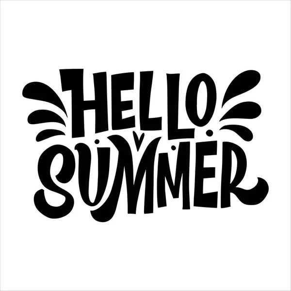 Composición de letras dibujadas a mano de Hello Summer con doodle sun. Diseño caligráfico manuscrito. Letras en blanco y negro. — Vector de stock
