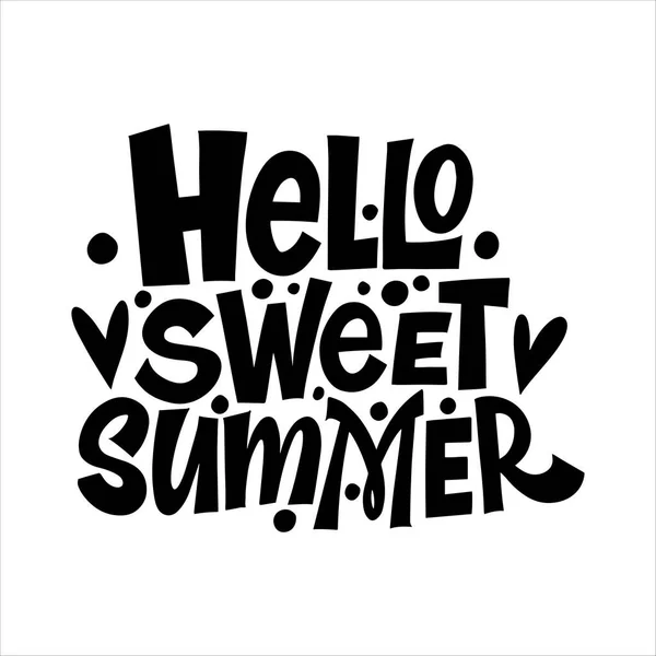 Compoziție de scrisori trase de mână din Hello sweet Summer cu soare doodle. Design de caligrafie scris de mână. Litere alb-negru . — Vector de stoc