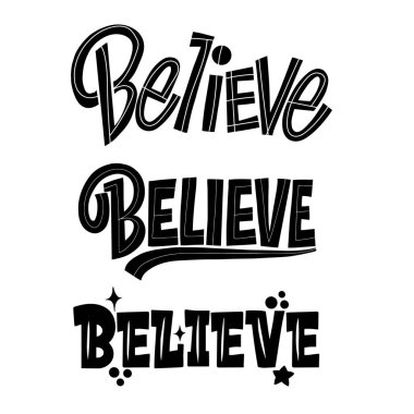 Harflerin İnancı beyaz bir arka planda. İzole vektör. Grafik tasarım yaşam tarzı harfleri. Kafe dekorasyonu ve dükkan reklamı için el yazısı harf tasarım unsurları.