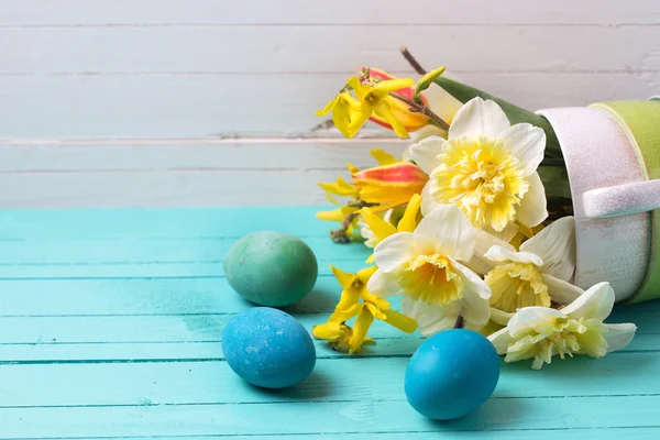 Jonquilles jaunes et oeufs de Pâques — Photo