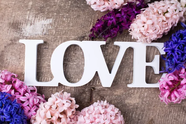 Fresh hyacinth flowers and word love — Stok fotoğraf