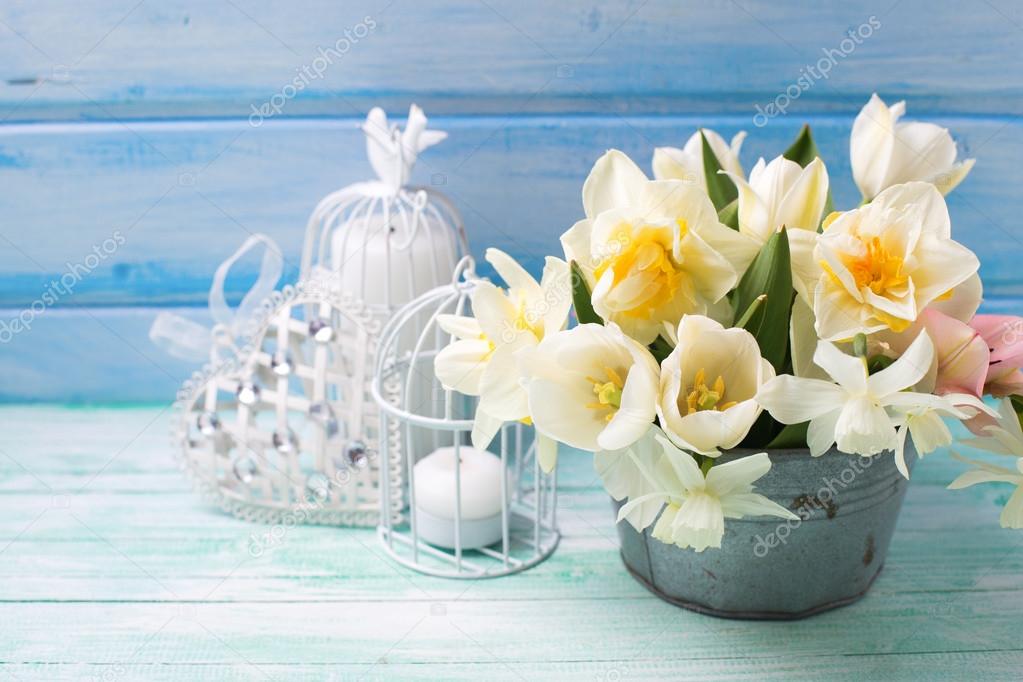 White daffodils and tulips in bucket