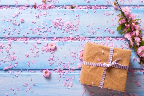 Загорнута коробка і квіти сакури — стокове фото