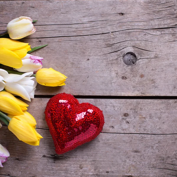 Tulipanes de primavera y brillante corazón decorativo — Foto de Stock