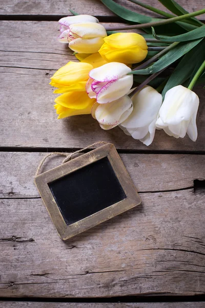 Tulipas de primavera e quadro-negro vazio — Fotografia de Stock