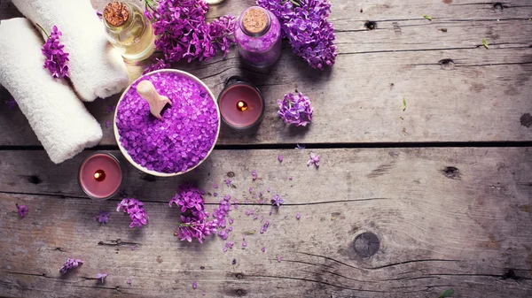 Sea salt with candles and aroma oil — Stock Photo, Image