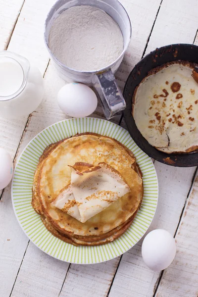 Pancakes. Ingredients for pancakes. — Stock Photo, Image