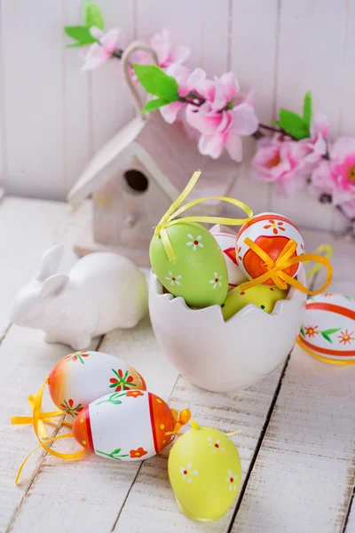 Colorful easter eggs and rabbit — Stock Photo, Image