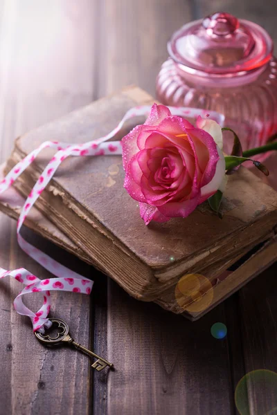 Rose des fleurs sur les vieux livres — Photo