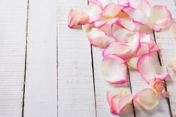 Pétalas de rosa no fundo de madeira branco — Fotografia de Stock