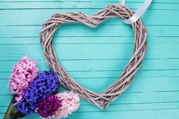 Postcard with flowers hyacinths  and decorative heart — Stock Photo, Image