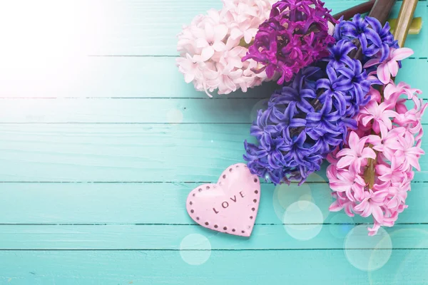 Bakgrund med blommor hyacinter och hjärta — Stockfoto