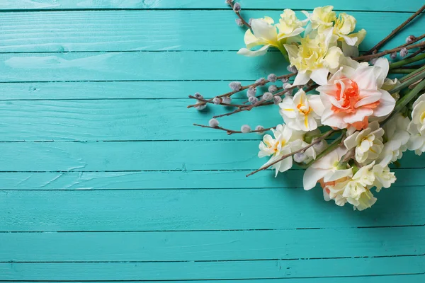 Bakgrund med färska påskliljor och willow blommor — Stockfoto