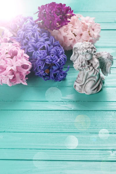 Postcard with hyacinths flowers and angel — Stock Photo, Image