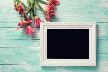 Arka plan ile taze laleler ve yazı tahtası