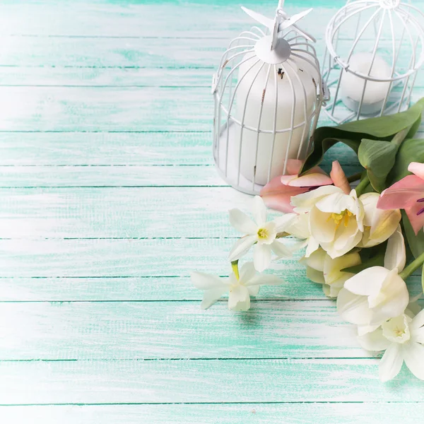 Fondo con flores y velas frescas — Foto de Stock