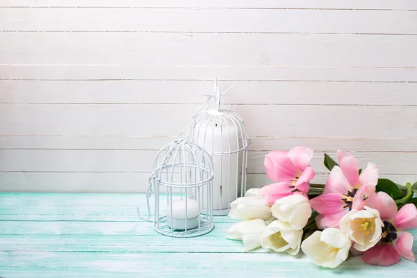 Achtergrond met witte en roze tulpen. — Stockfoto