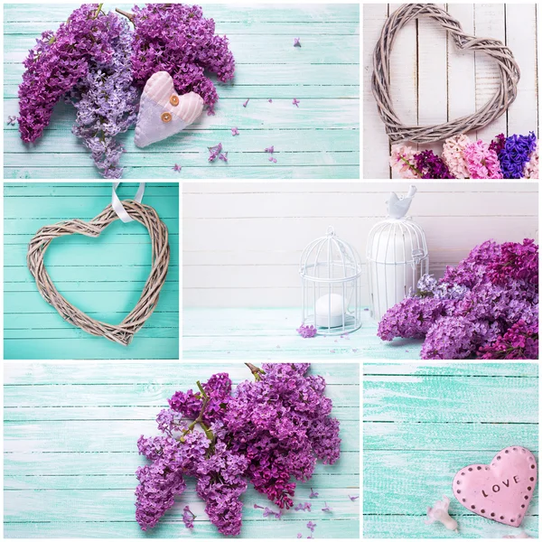 Collage mit lila Blumen und dekorativen Herzen — Stockfoto