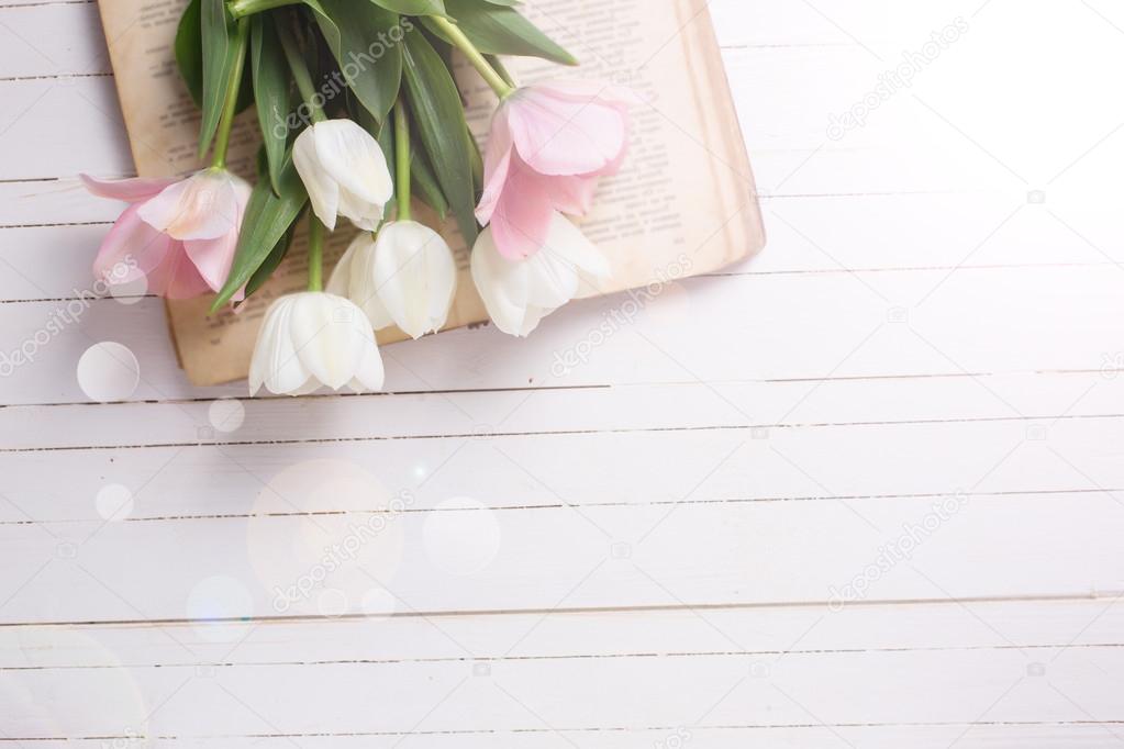 Background with tulip flowers on vintage book ⬇ Stock Photo, Image by © daffodil 74081013