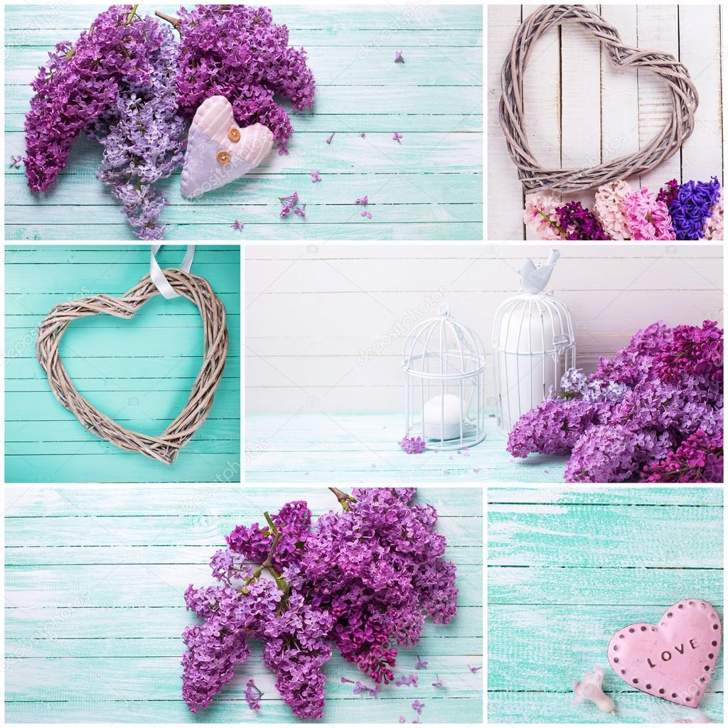 Collage with lilac flowers and decorative hearts