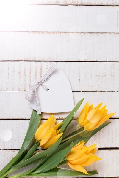 Żółty tulipan wiosna kwiaty i serca — Zdjęcie stockowe