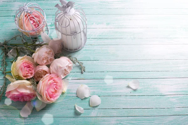 Pink roses and candle — Stock Photo, Image