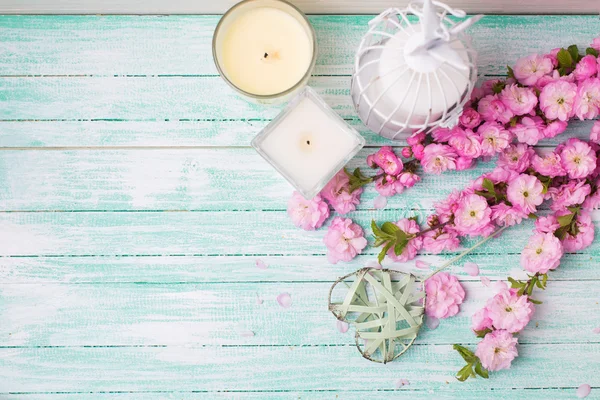 Pink   flowers  and candles — Stock Photo, Image