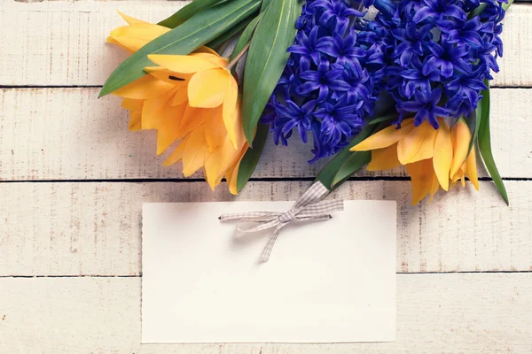 Gelbe Tulpen und blaue Hyazinthen — Stockfoto