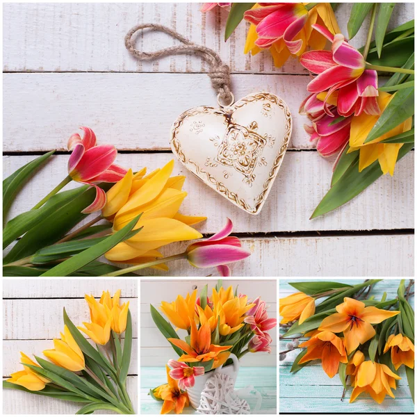 Collage met tulpen en hart — Stockfoto