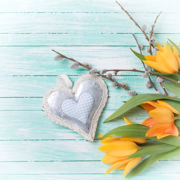 Tulpaner, willow och dekorativt hjärta — Stockfoto