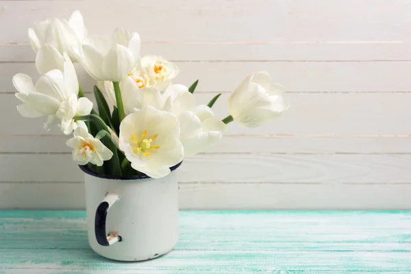 Tulipanes y narcisos en taza — Foto de Stock