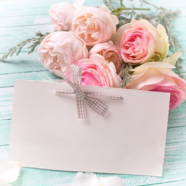 Pastel gül ve boş etiket