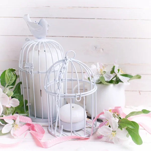 Apple blossoms, candles — Stock Photo, Image