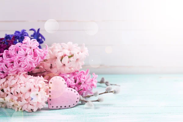 Hyacinths and decorative  pink heart — Stock Photo, Image