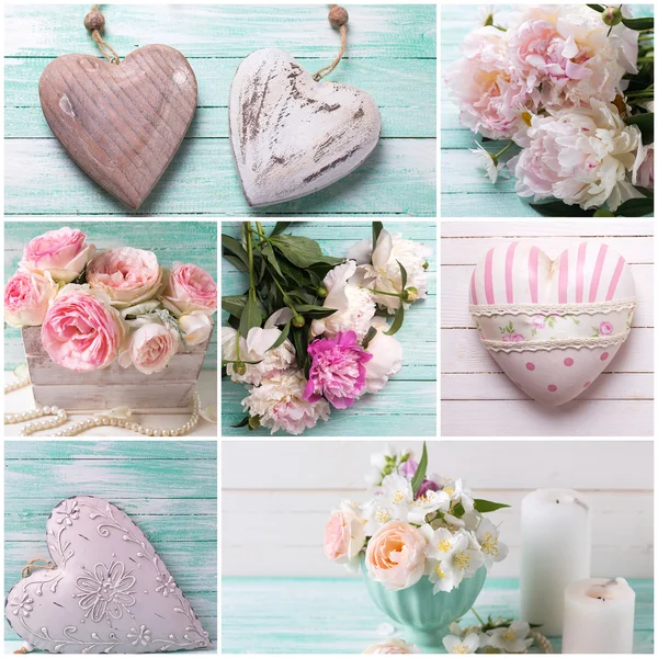 Collage met pioenrozen, rozen en hart — Stockfoto