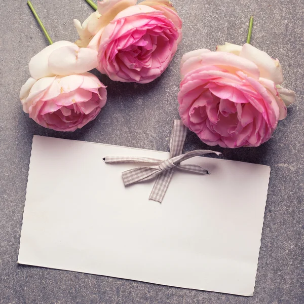 Pink roses and empty tag — Stock Photo, Image