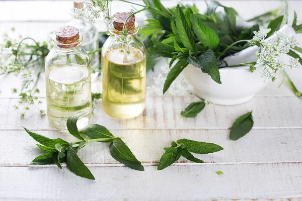 Väsentliga aromaolja med mynta — Stockfoto