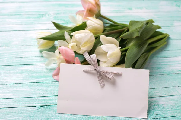 Postcard with pink and white tulips  flowers — Zdjęcie stockowe
