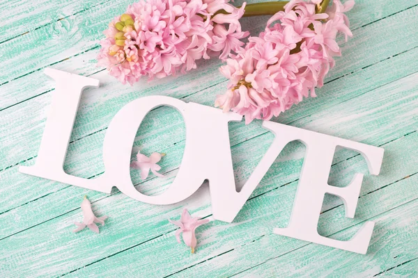 Word love and pink hyacinths flowers — Stock Photo, Image