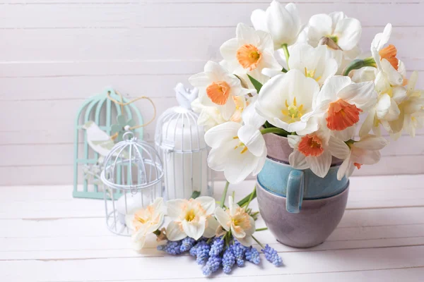 Narcisos, tulipanes blancos flores y velas — Foto de Stock